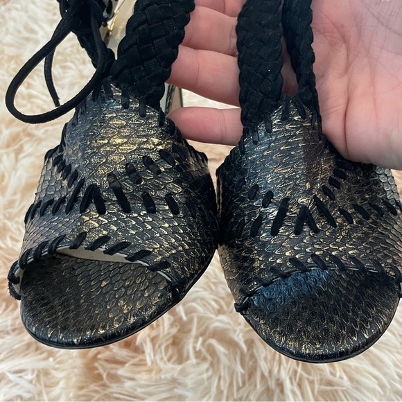 JIMMY CHOO | Black & Gold Snake Skin Print Suede Peep Toe Lace Up Heels | 39.5 9 - Picture 7 of 13